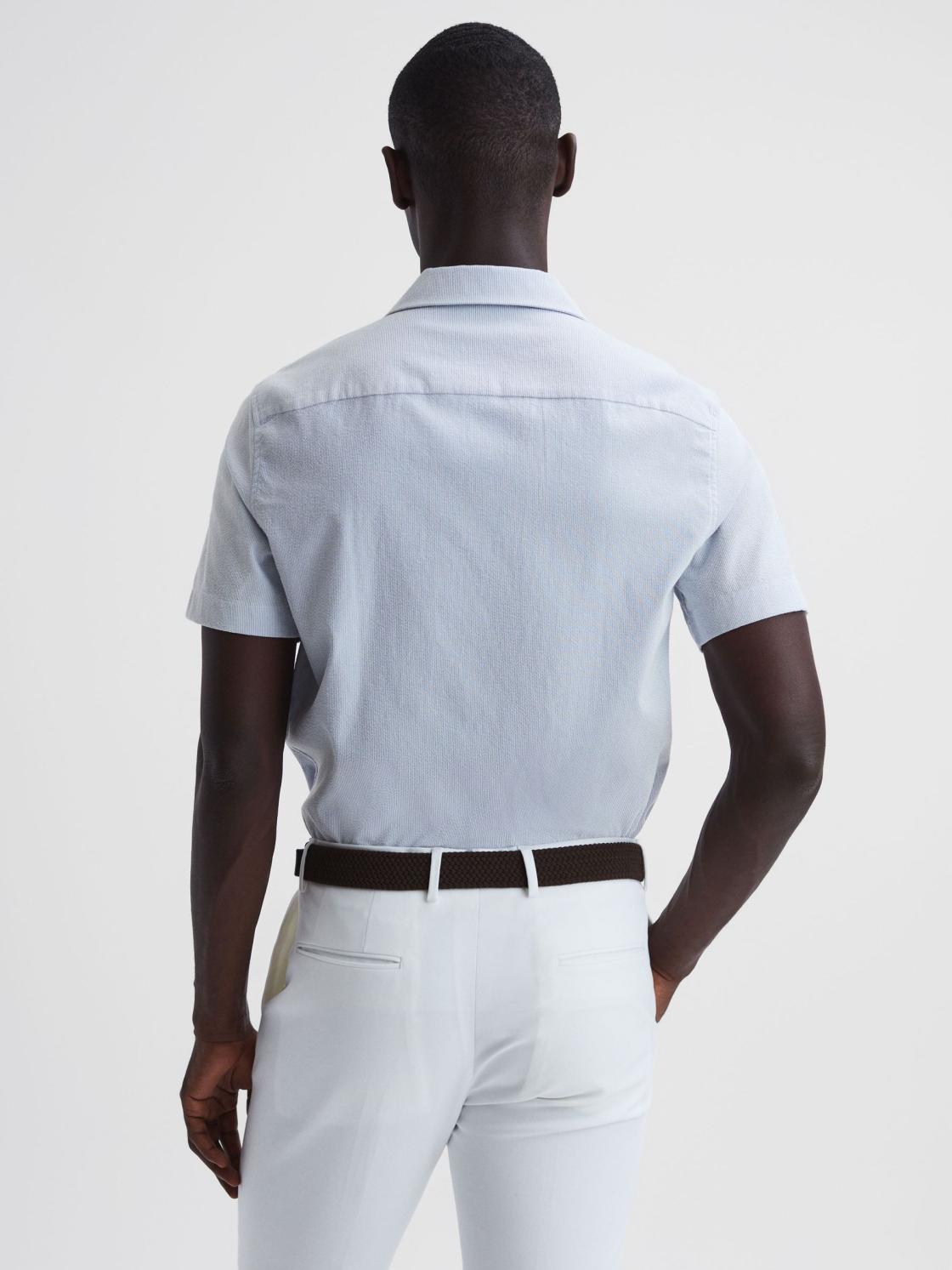 Reiss Shirts | Saka Cuban Collar Striped Short Sleeve Shirt Blue/white - Men