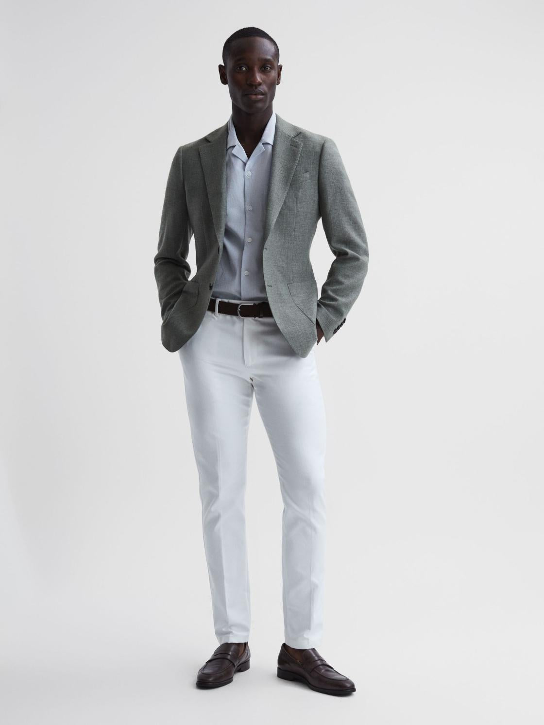 Reiss Shirts | Saka Cuban Collar Striped Short Sleeve Shirt Blue/white - Men