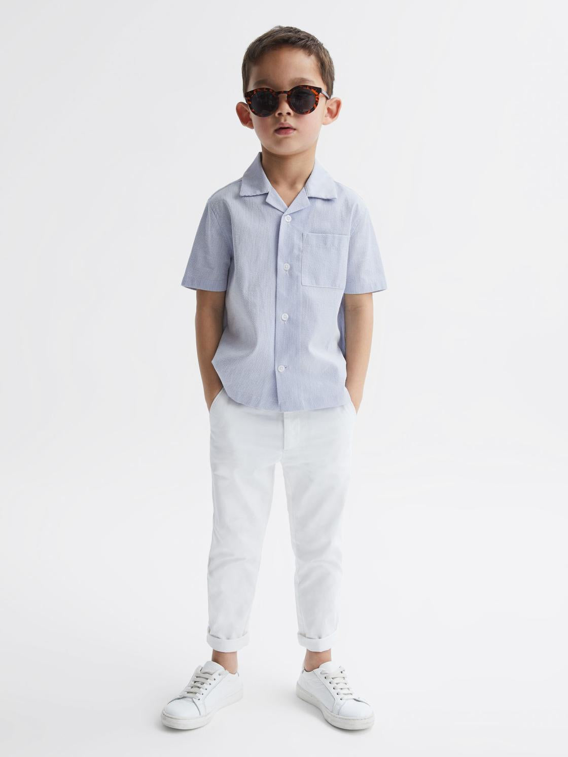 Reiss Shirts | Saka Cuban Collar Striped Short Sleeve Shirt Navy Stripe - Children