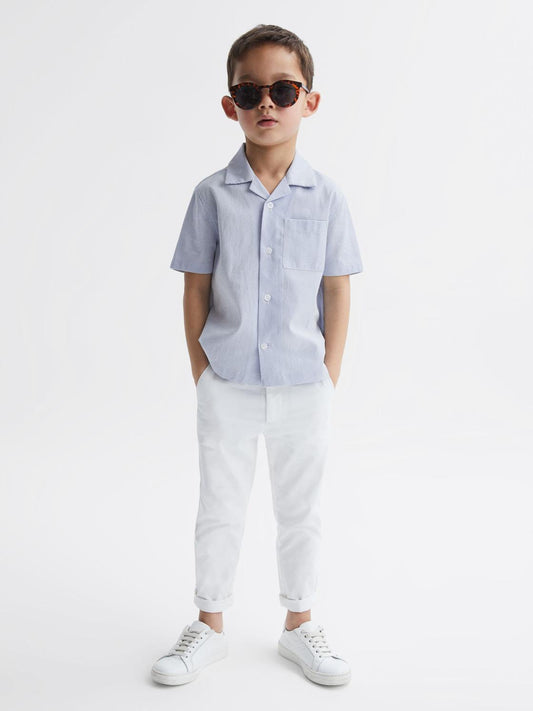 Reiss Shirts | Saka Cuban Collar Striped Short Sleeve Shirt Navy Stripe - Children