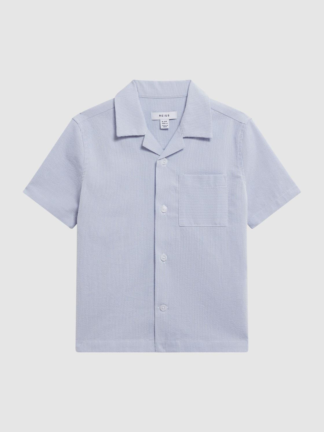 Reiss Shirts | Saka Cuban Collar Striped Short Sleeve Shirt Navy Stripe - Children