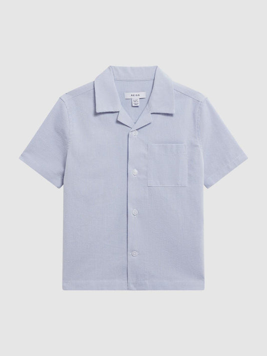 Reiss Shirts | Saka Cuban Collar Striped Short Sleeve Shirt Navy Stripe - Children