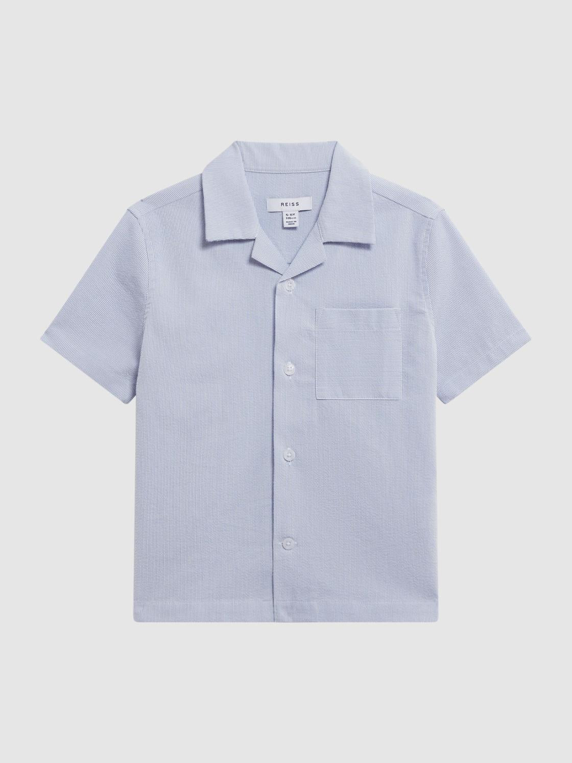Reiss Shirts | Saka Cuban Collar Striped Short Sleeve Shirt Navy Stripe - Children