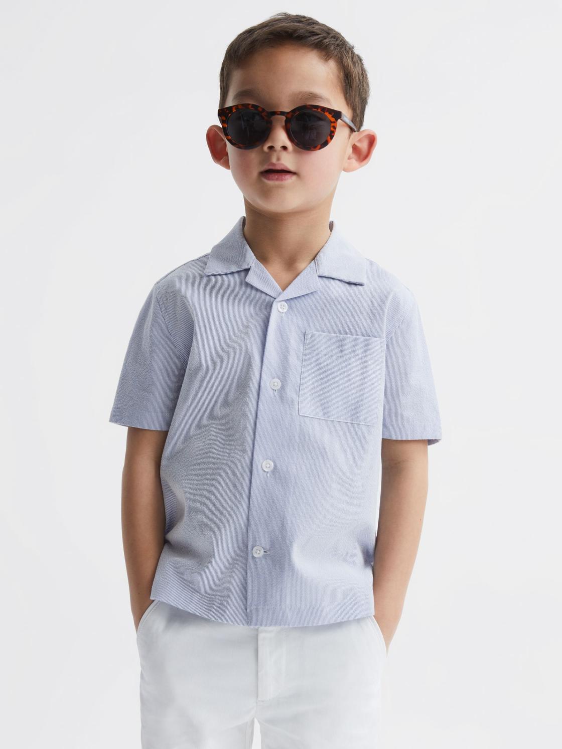 Reiss Shirts | Saka Cuban Collar Striped Short Sleeve Shirt Navy Stripe - Children