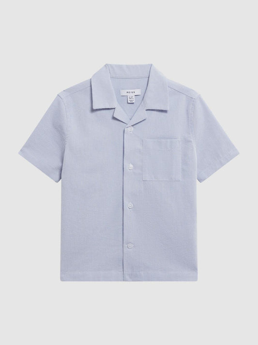 Reiss Shirts | Saka Cuban Collar Striped Short Sleeve Shirt Navy Stripe - Children
