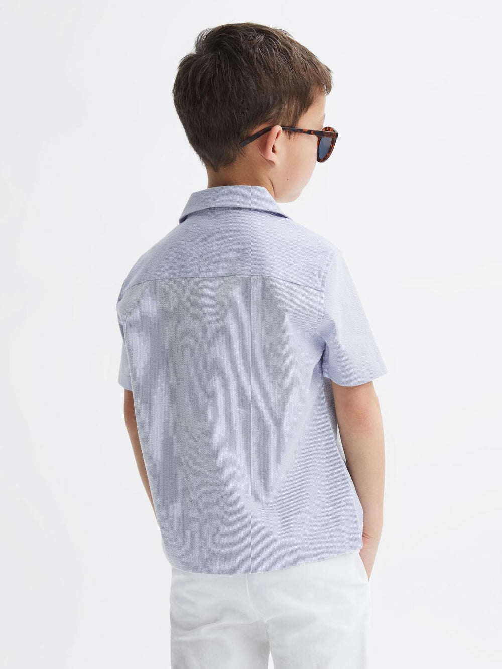 Reiss Shirts | Saka Cuban Collar Striped Short Sleeve Shirt Navy Stripe - Children