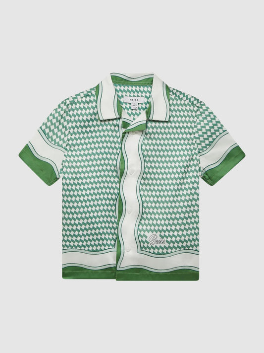 Reiss Shirts | Vanpelt Printed Cuban Collar Short Sleeve Shirt Green - Children