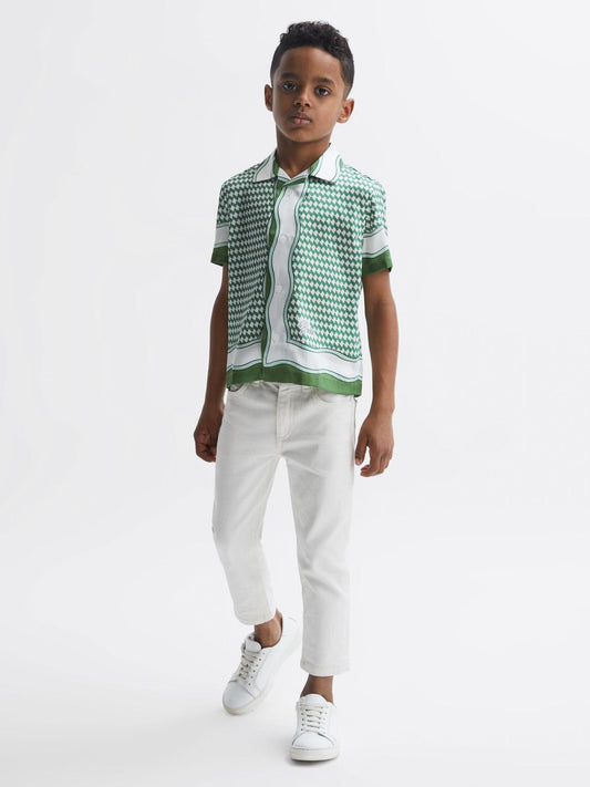 Reiss Shirts | Vanpelt Printed Cuban Collar Short Sleeve Shirt Green - Children