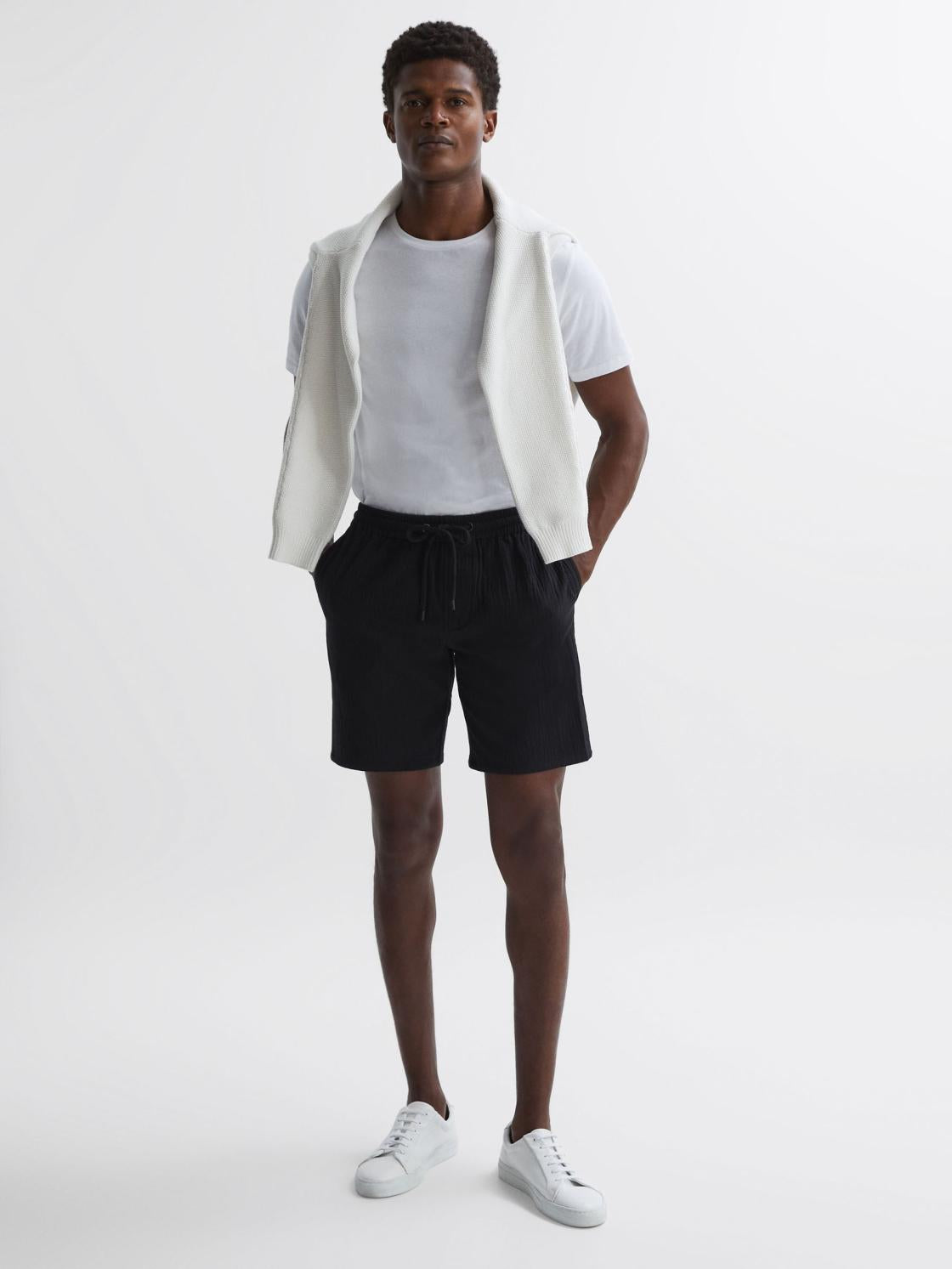 Reiss Shorts | Bodhi Paige Cotton Textured Drawstring Shorts Black - Men