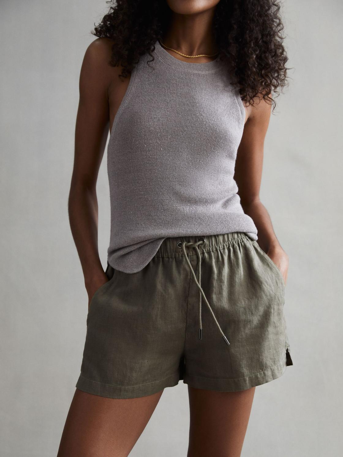 Reiss Shorts | Cleo Linen High Rise Drawstring Shorts Khaki - Women
