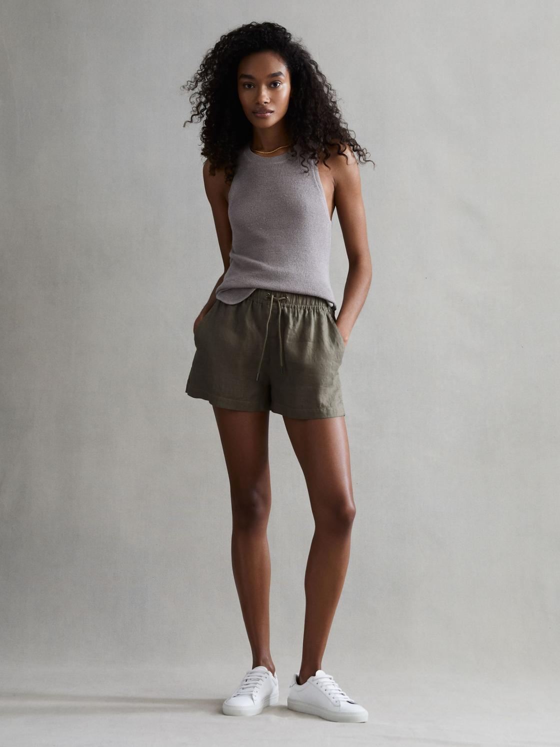 Reiss Shorts | Cleo Linen High Rise Drawstring Shorts Khaki - Women