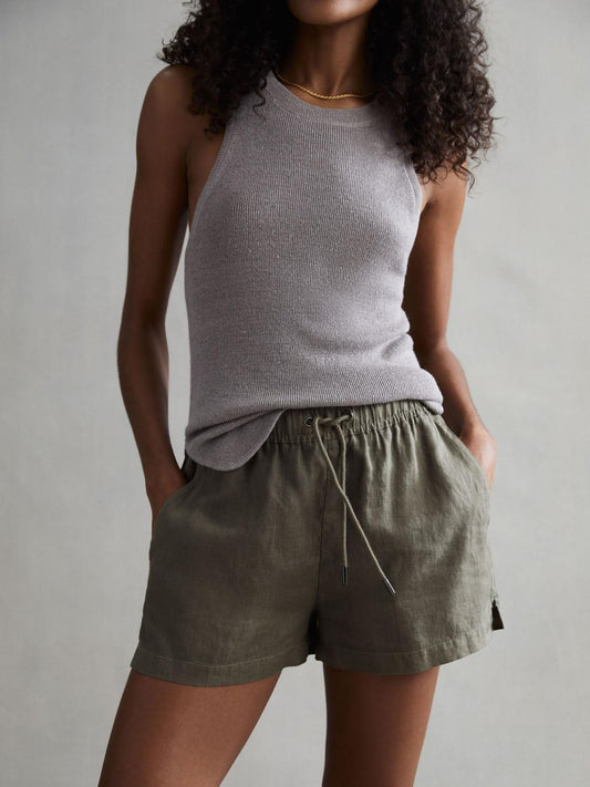 Reiss Shorts | Cleo Linen High Rise Drawstring Shorts Khaki - Women
