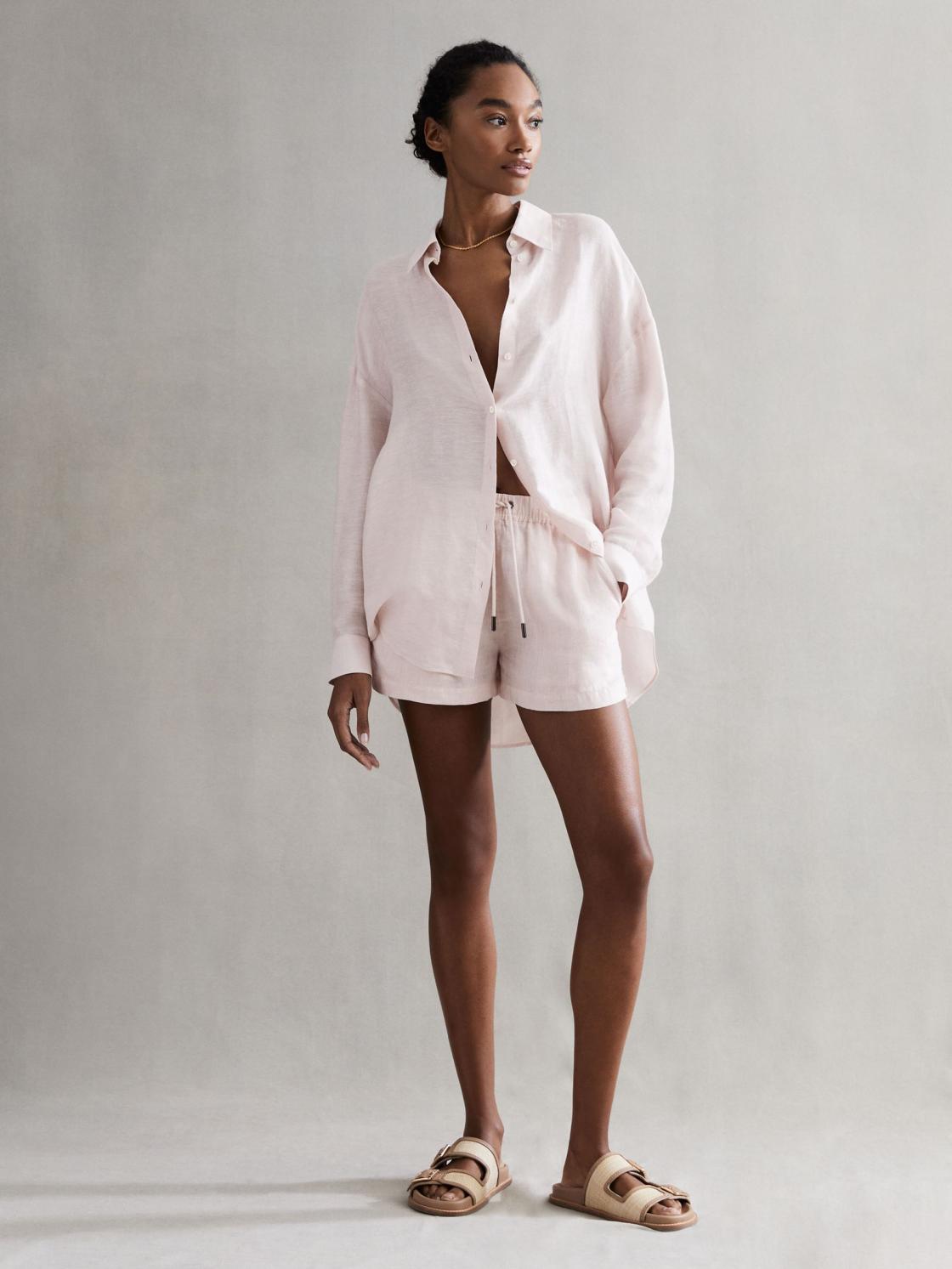 Reiss Shorts | Cleo Linen High Rise Drawstring Shorts Soft Pink - Women