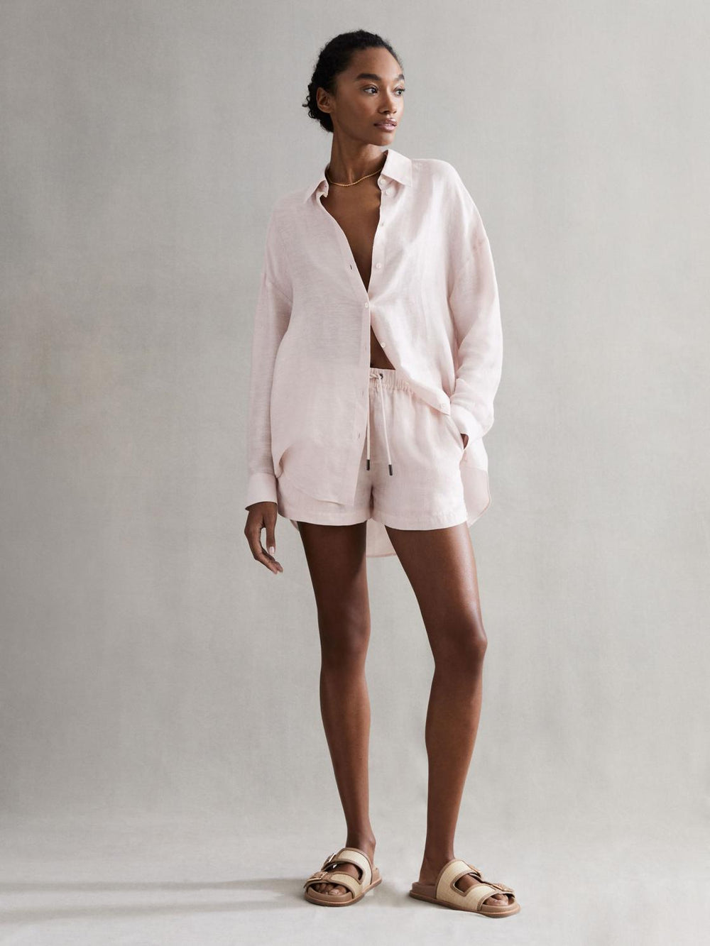 Reiss Shorts | Cleo Linen High Rise Drawstring Shorts Soft Pink - Women