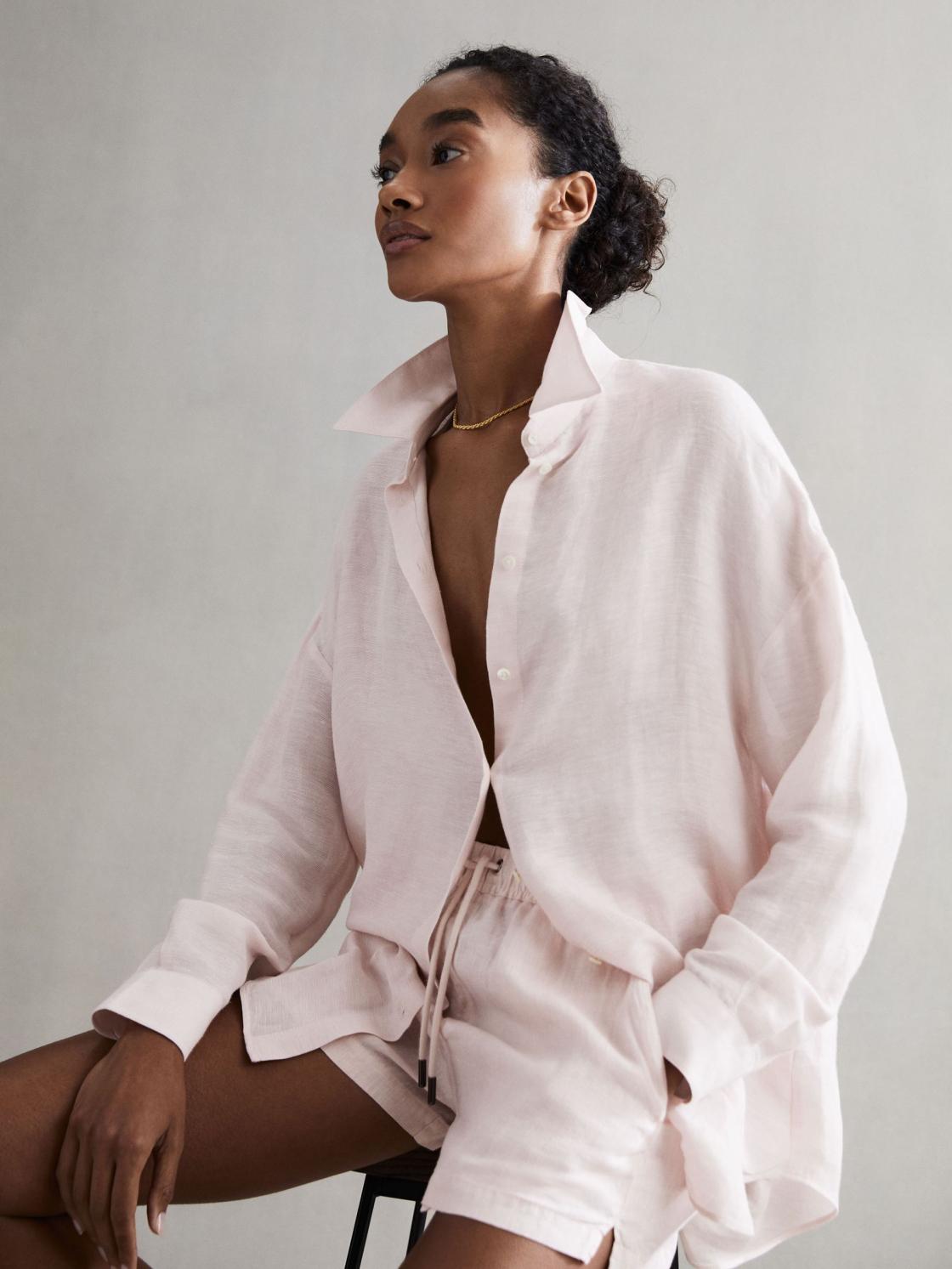 Reiss Shorts | Cleo Linen High Rise Drawstring Shorts Soft Pink - Women