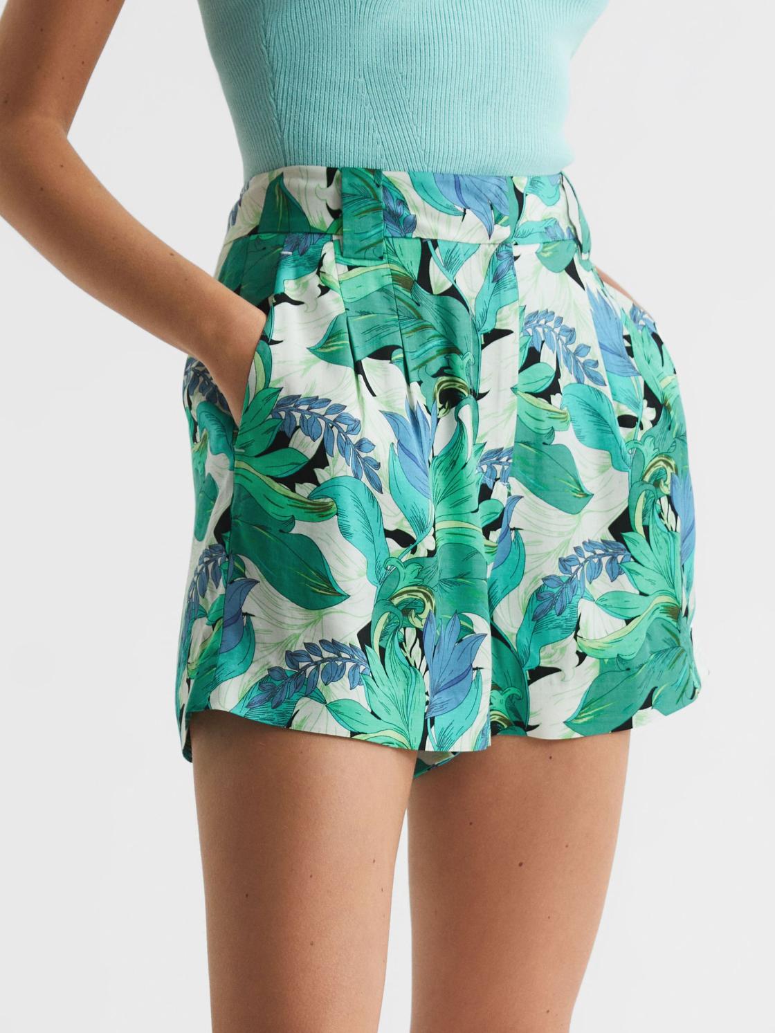 Reiss Shorts | Dana Mid Rise Printed Shorts Aquamarine - Women