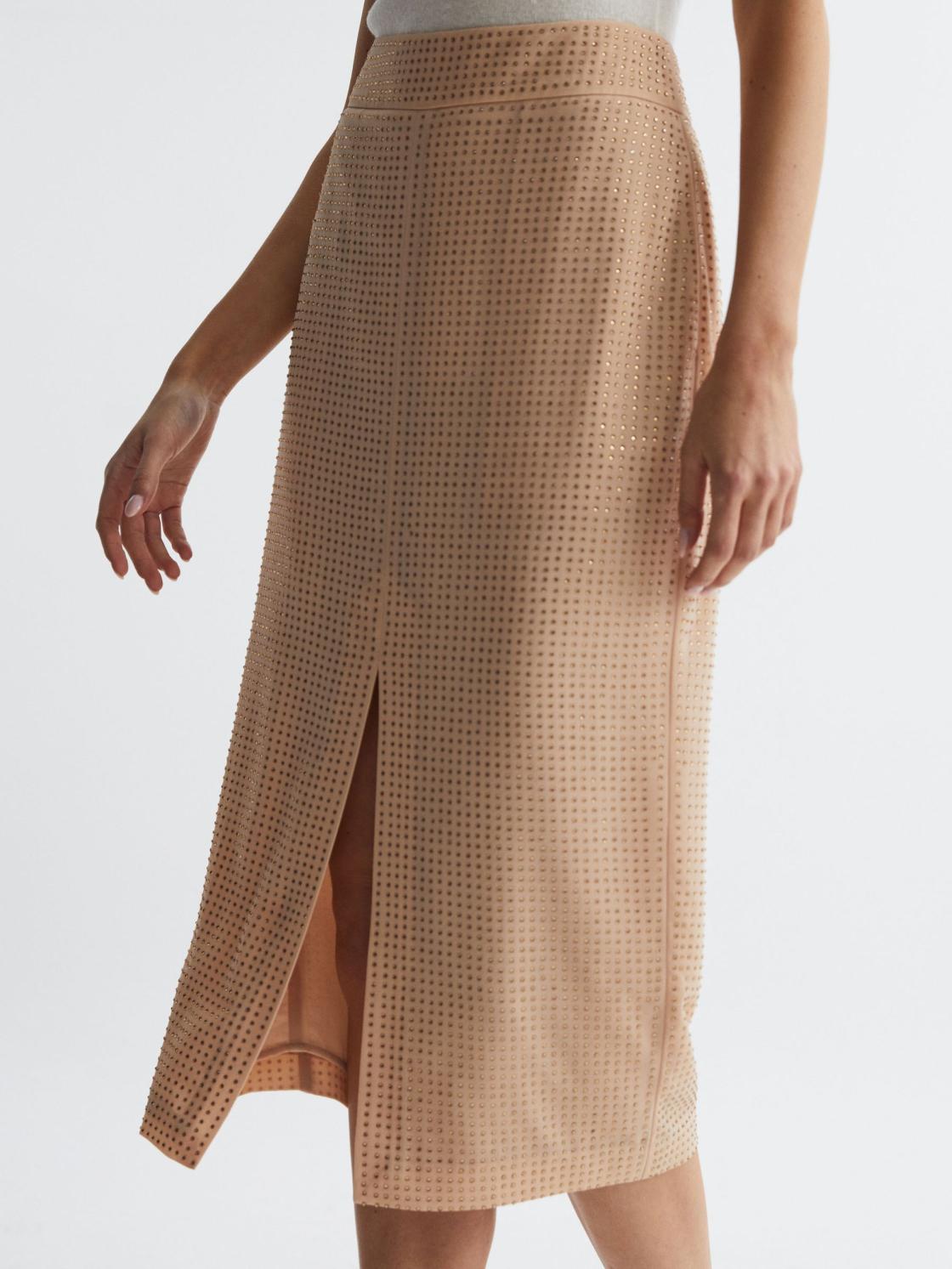Reiss Skirts | Brooklyn Embellished High Rise Midi Skirt Nude - Women