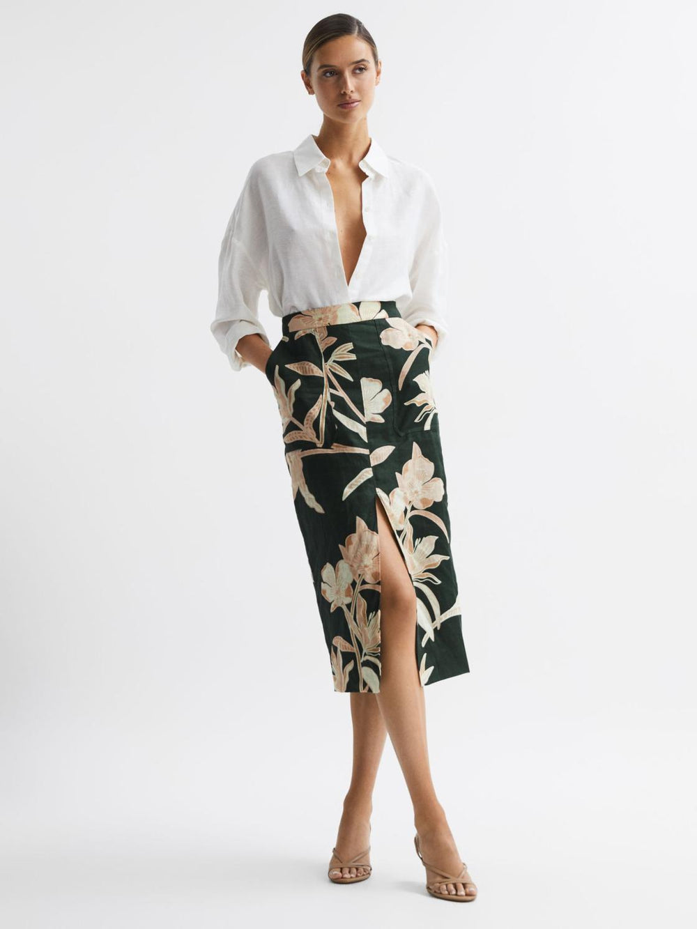 Reiss Skirts | Jackson Floral Print High Rise Midi Skirt Khaki - Women
