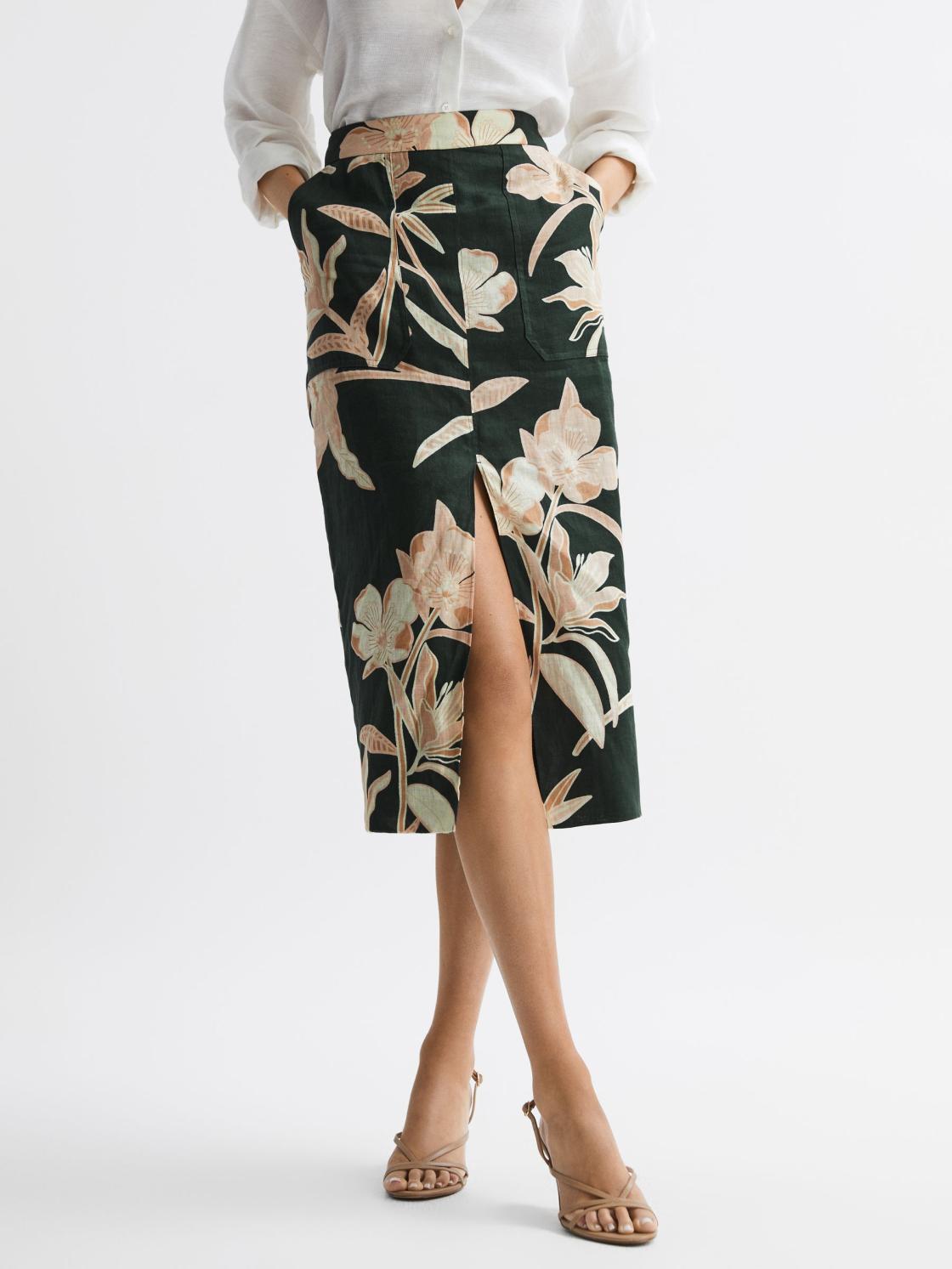 Reiss Skirts | Jackson Floral Print High Rise Midi Skirt Khaki - Women