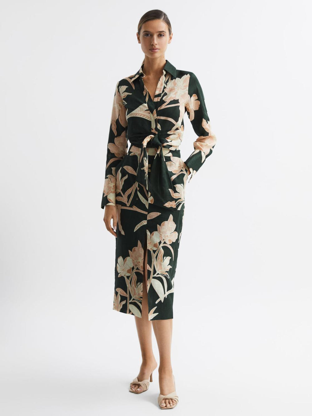 Reiss Skirts | Jackson Floral Print High Rise Midi Skirt Khaki - Women
