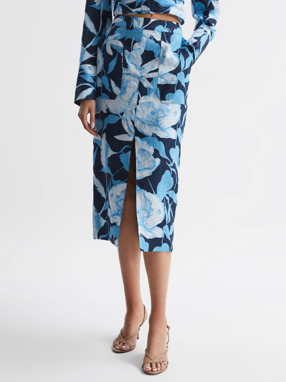 Reiss Skirts | Jackson Floral Print High Rise Midi Skirt Navy/blue - Women