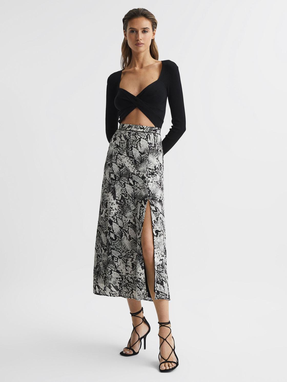 Reiss Skirts | Katia Printed Slip Midi Skirt Black - Women