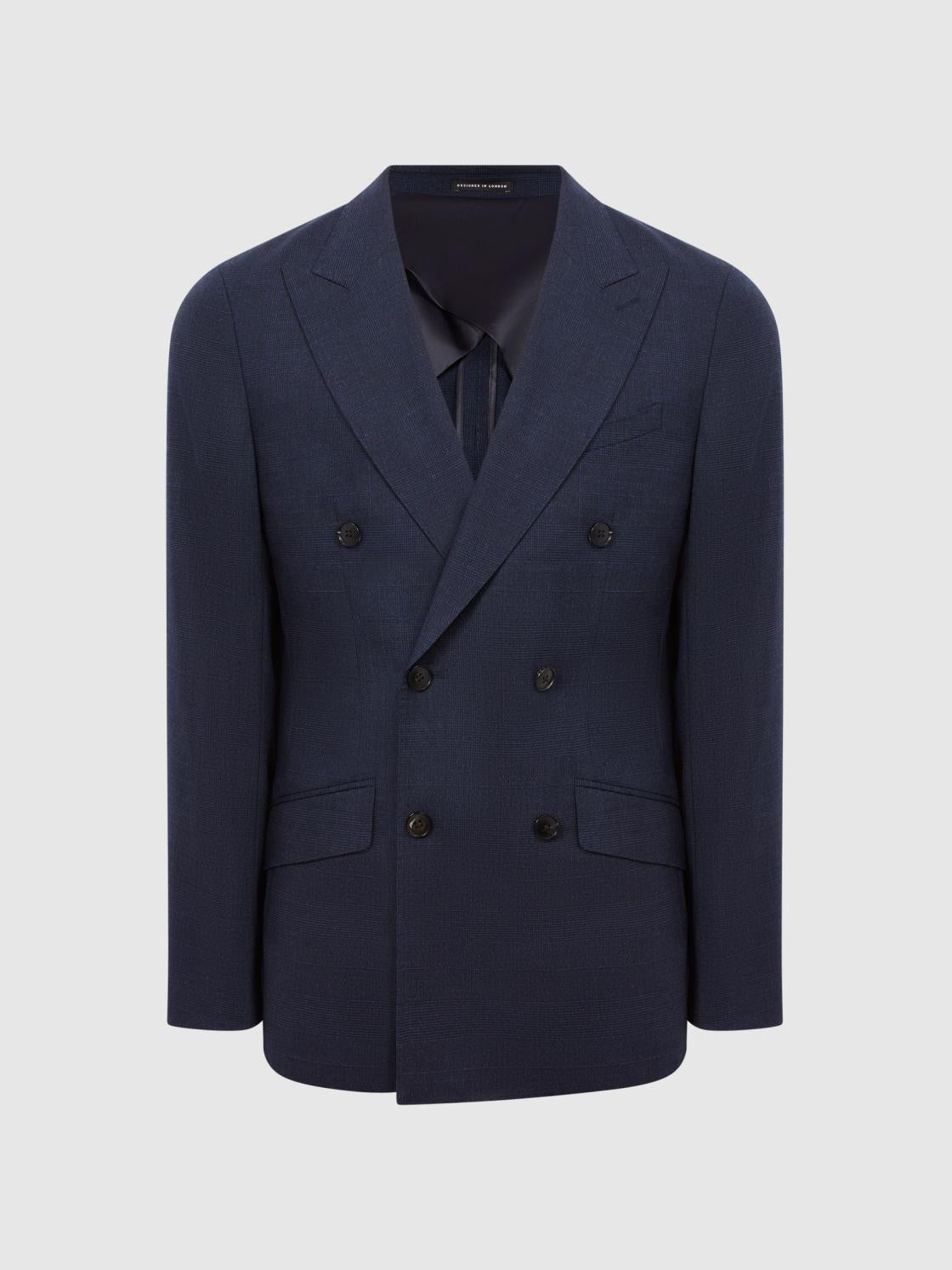 Reiss Suits &amp; Tailoring | Broadgate Double Breasted Prince Of Wales Check Blazer Blue - Men
