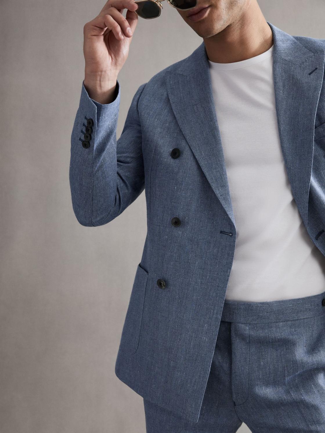 Reiss Suits &amp; Tailoring | Cheltenham Slim Fit Double Breasted Linen Blazer Chambray - Men