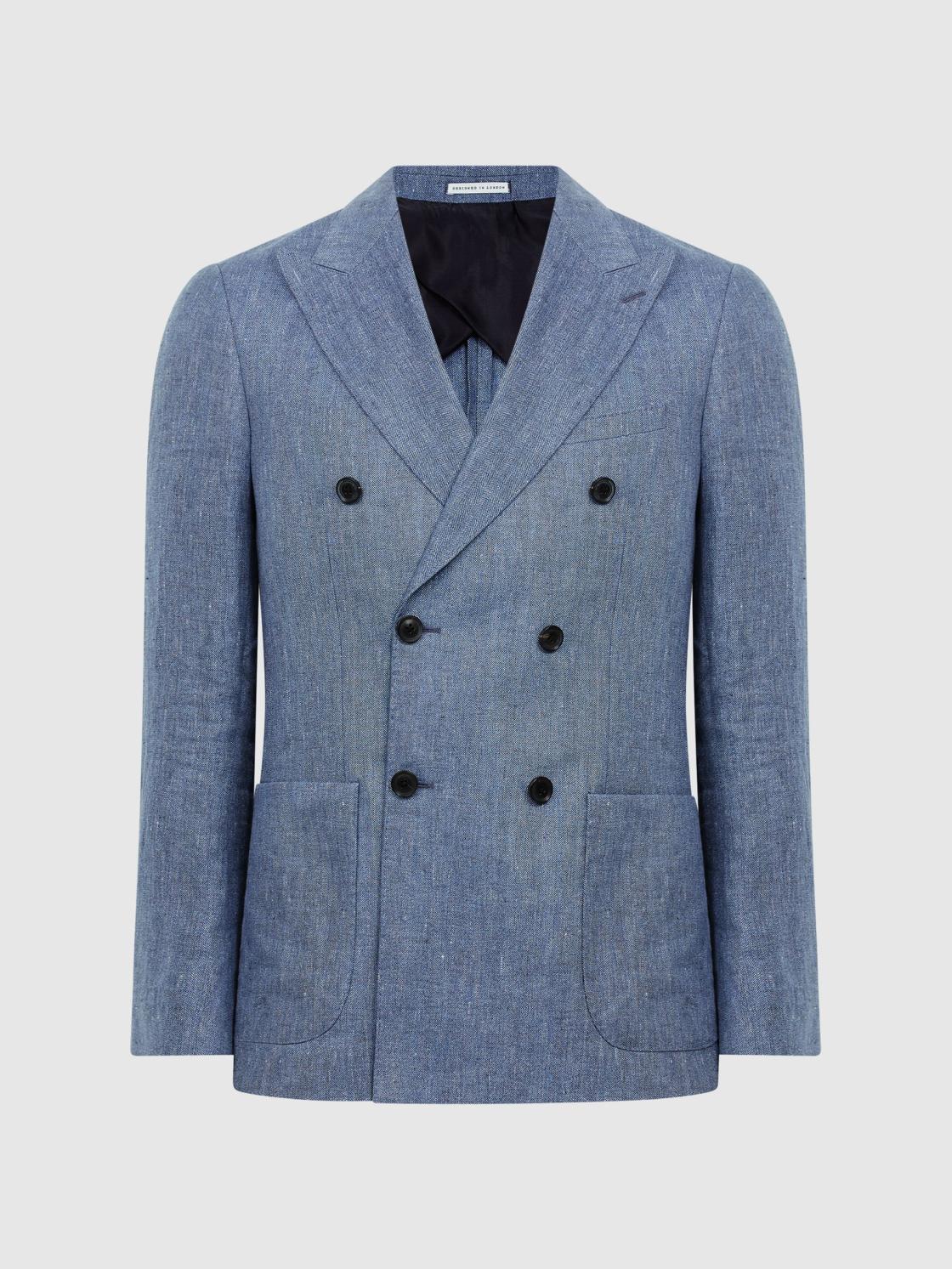 Reiss Suits &amp; Tailoring | Cheltenham Slim Fit Double Breasted Linen Blazer Chambray - Men