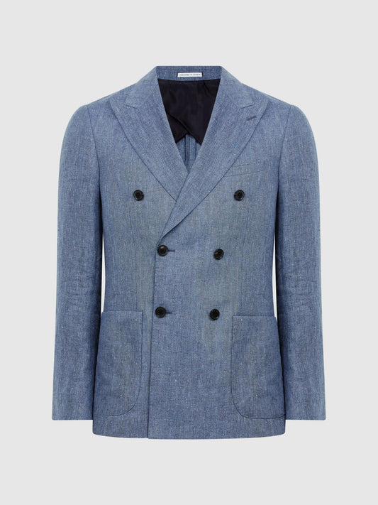 Reiss Suits &amp; Tailoring | Cheltenham Slim Fit Double Breasted Linen Blazer Chambray - Men