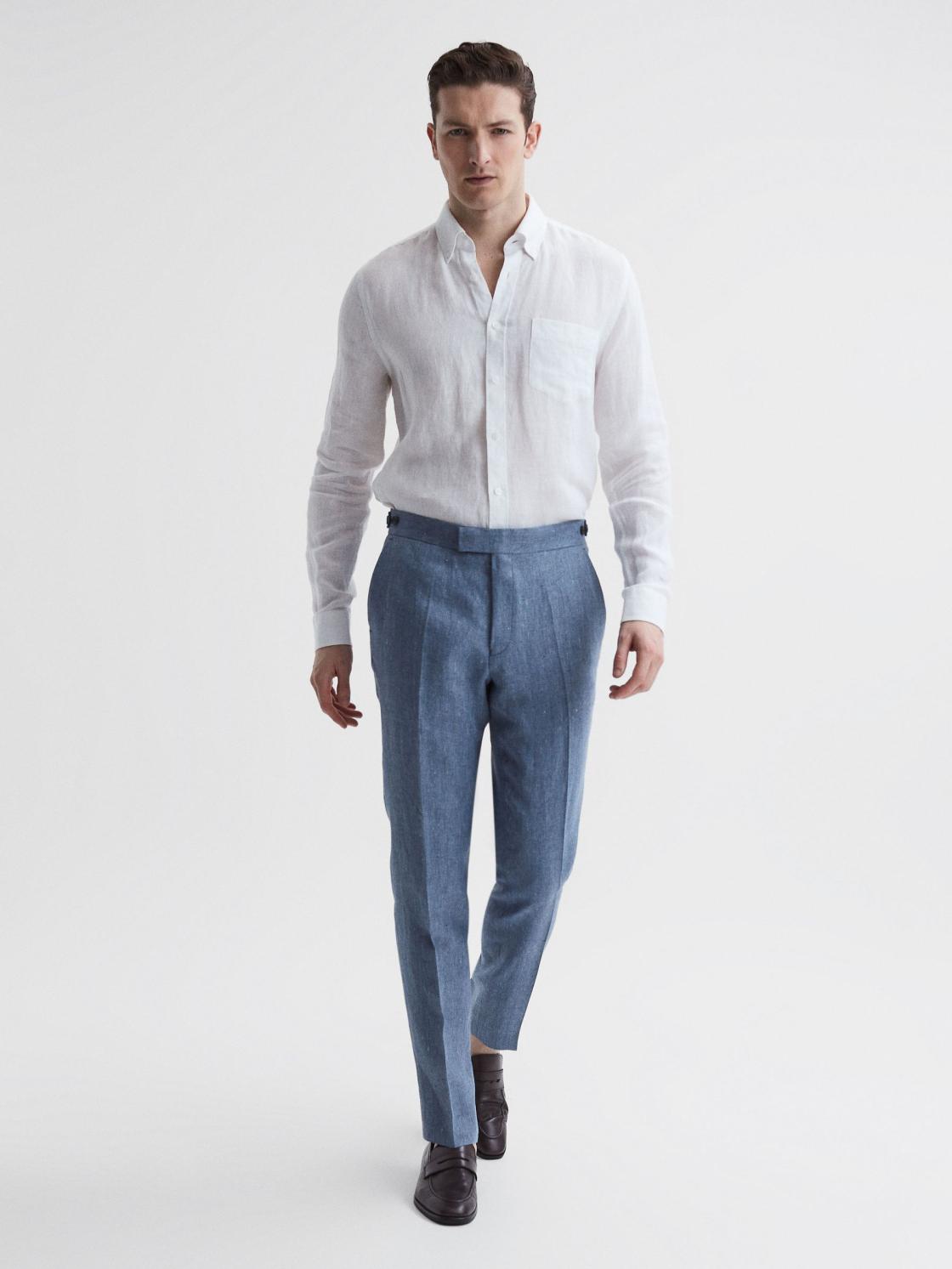 Reiss Suits &amp; Tailoring | Cheltenham Slim Fit Linen Herringbone Trousers Chambray - Men