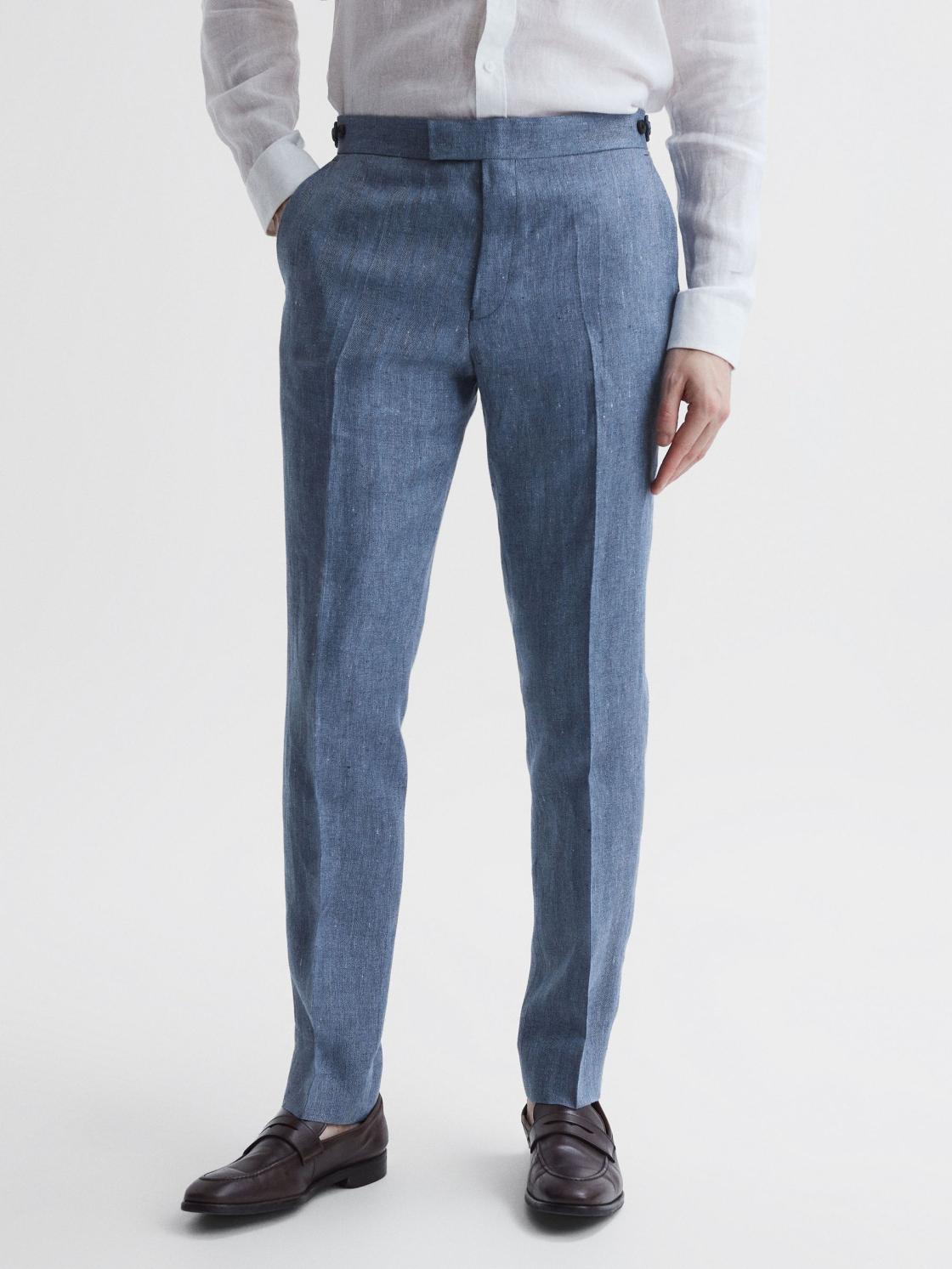 Reiss Suits &amp; Tailoring | Cheltenham Slim Fit Linen Herringbone Trousers Chambray - Men