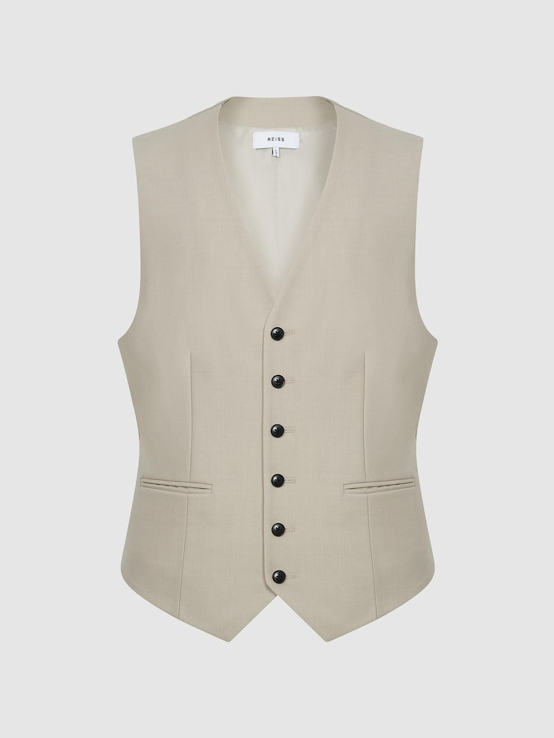 Reiss Suits &amp; Tailoring | Fine Slim Fit Six Button Wool Waistcoat Stone - Men