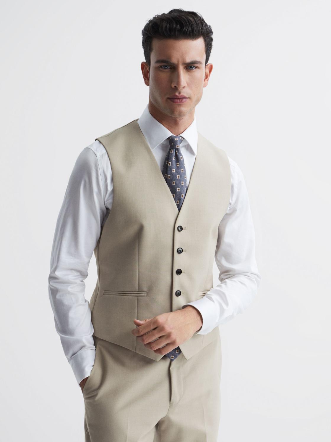 Reiss Suits &amp; Tailoring | Fine Slim Fit Six Button Wool Waistcoat Stone - Men