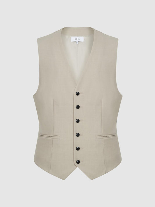 Reiss Suits &amp; Tailoring | Fine Slim Fit Six Button Wool Waistcoat Stone - Men