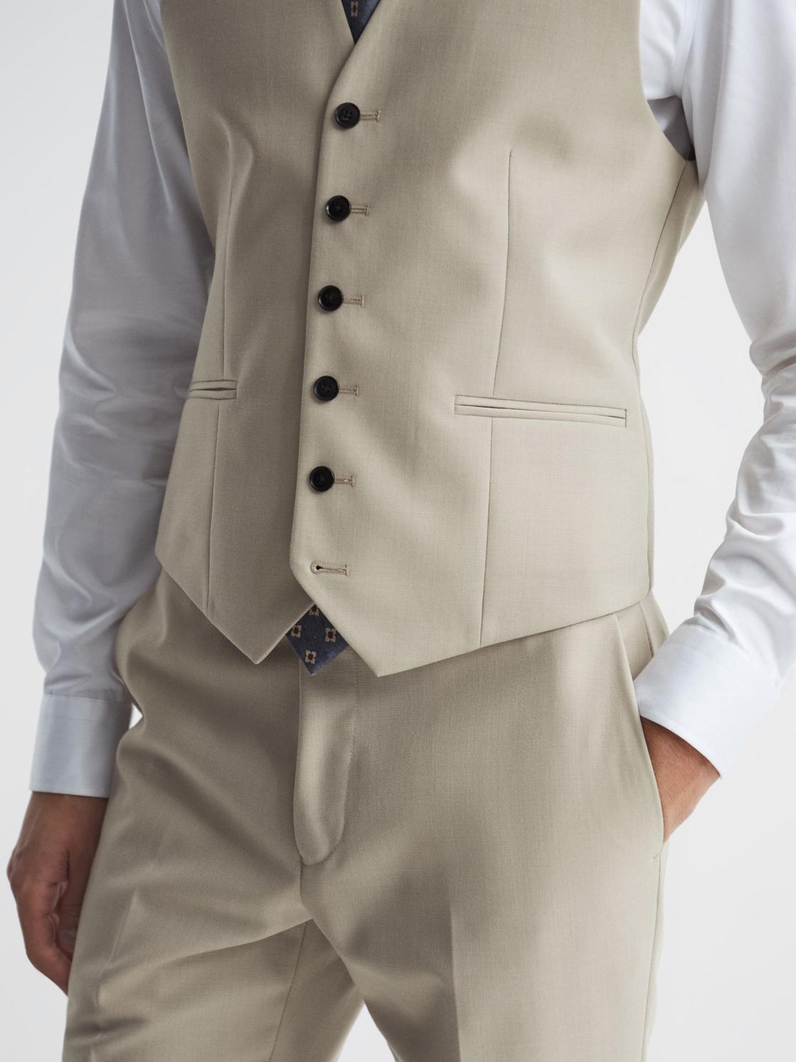 Reiss Suits &amp; Tailoring | Fine Slim Fit Six Button Wool Waistcoat Stone - Men