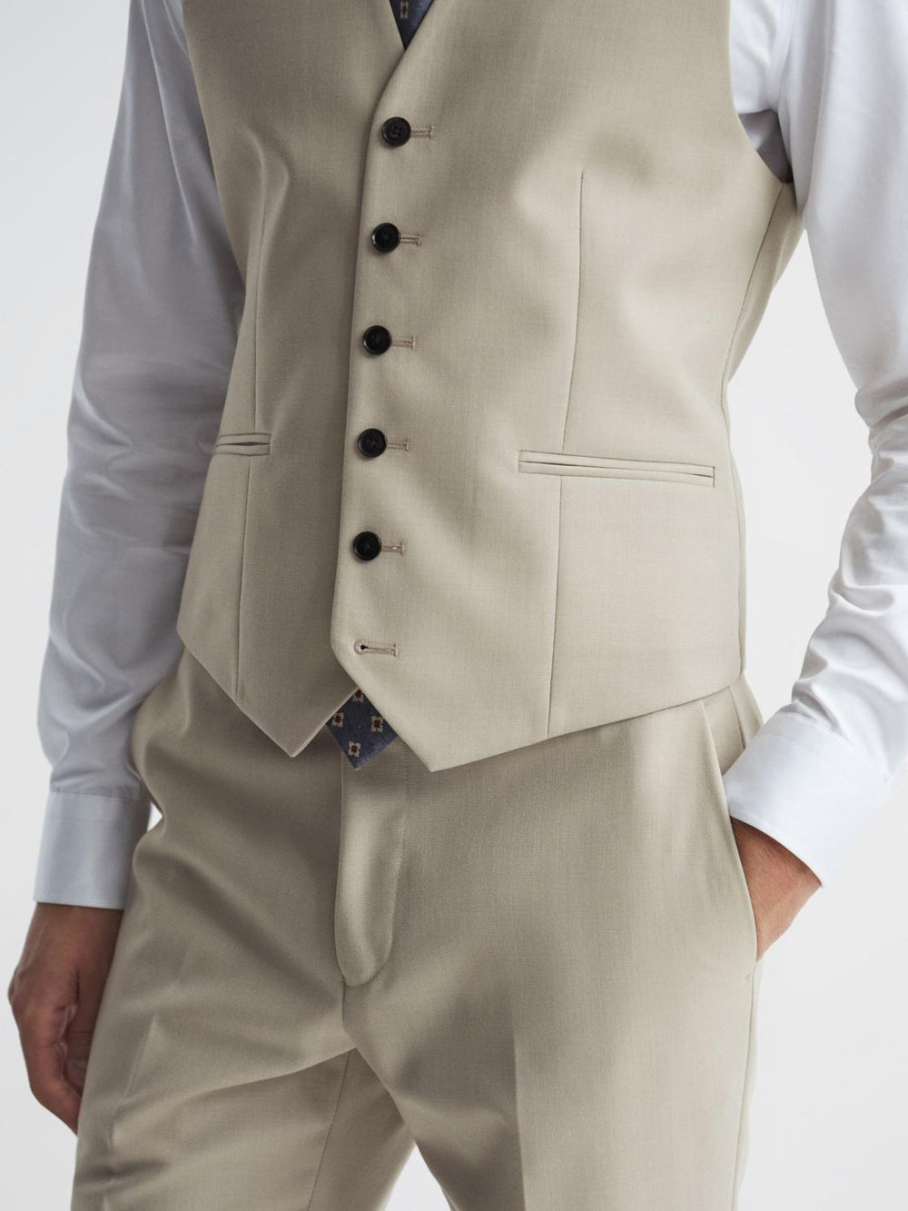 Reiss Suits &amp; Tailoring | Fine Slim Fit Six Button Wool Waistcoat Stone - Men