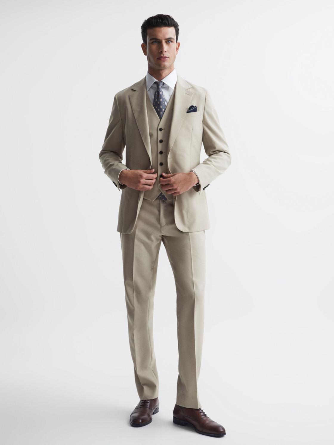 Reiss Suits &amp; Tailoring | Fine Slim Fit Six Button Wool Waistcoat Stone - Men
