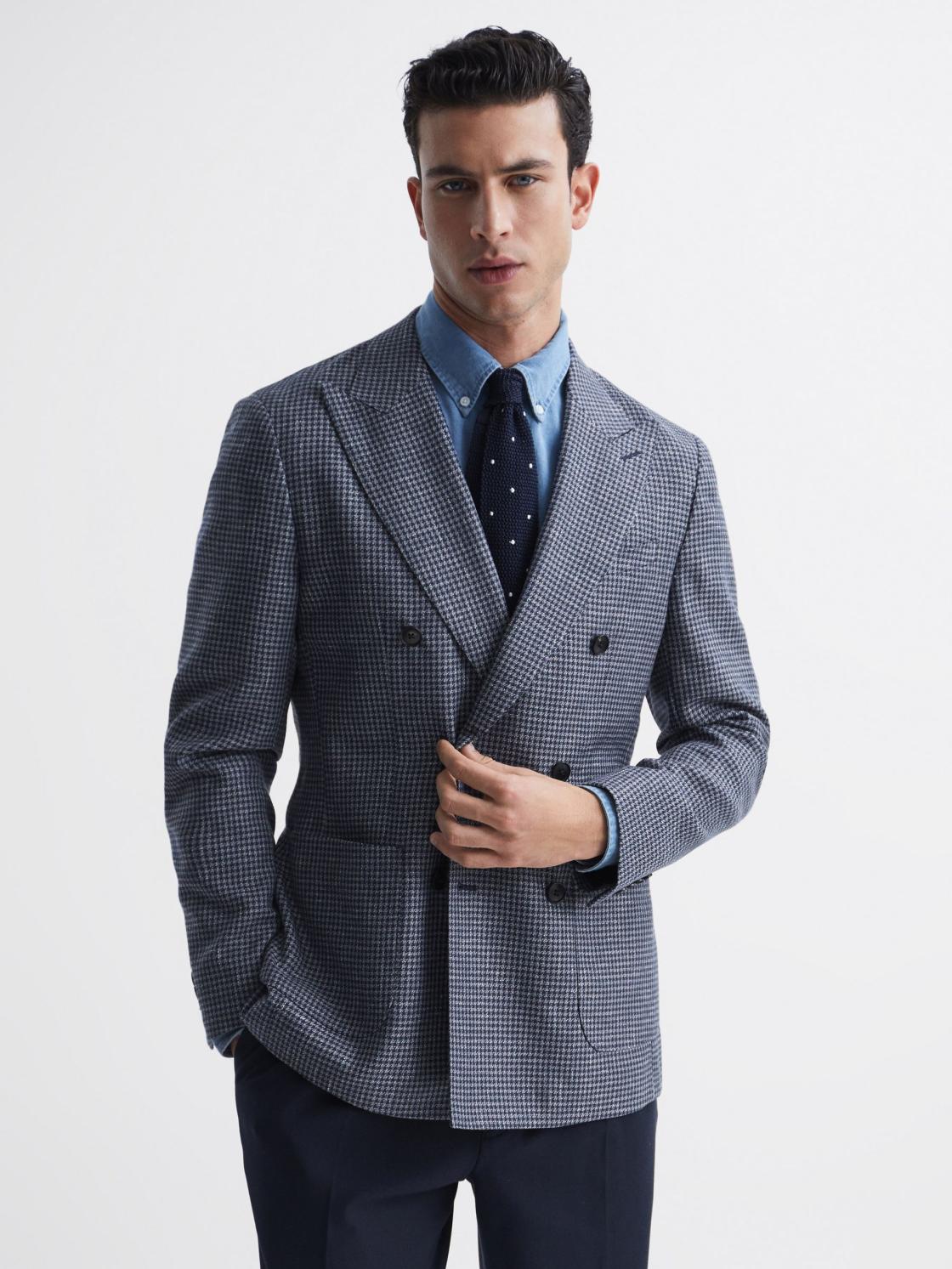Reiss Suits &amp; Tailoring | Monument Double Breasted Dogtooth Blazer Blue - Men