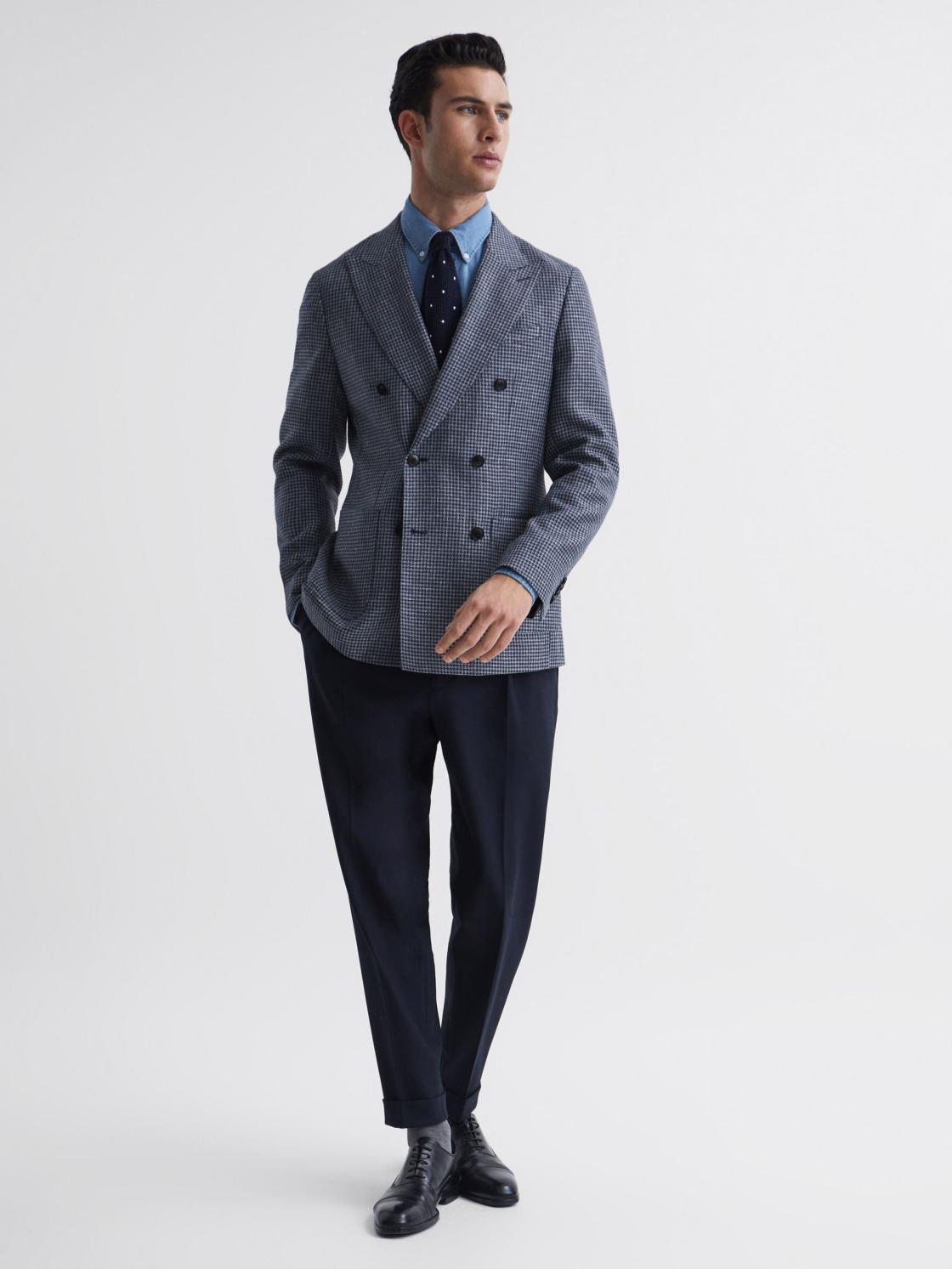 Reiss Suits &amp; Tailoring | Monument Double Breasted Dogtooth Blazer Blue - Men