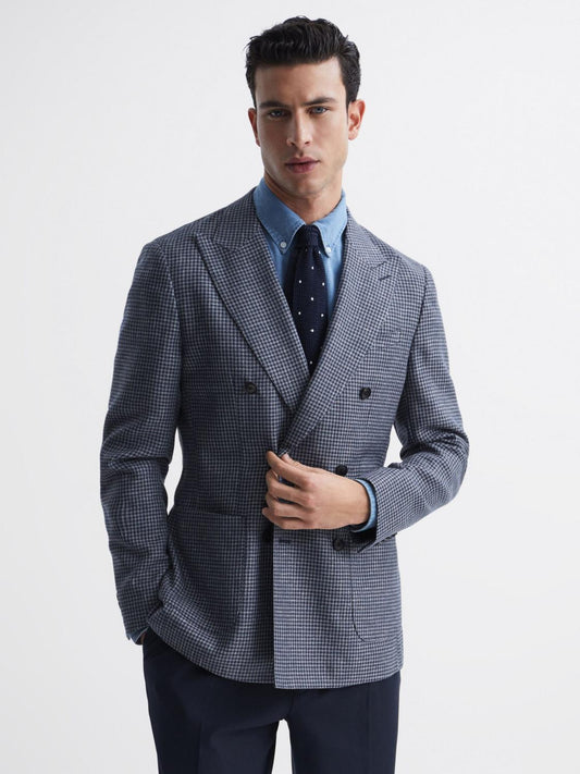 Reiss Suits &amp; Tailoring | Monument Double Breasted Dogtooth Blazer Blue - Men