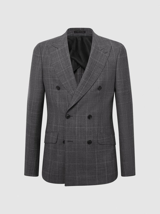 Reiss Suits &amp; Tailoring | Newbury Slim Fit Double Breasted Checked Blazer Grey - Men