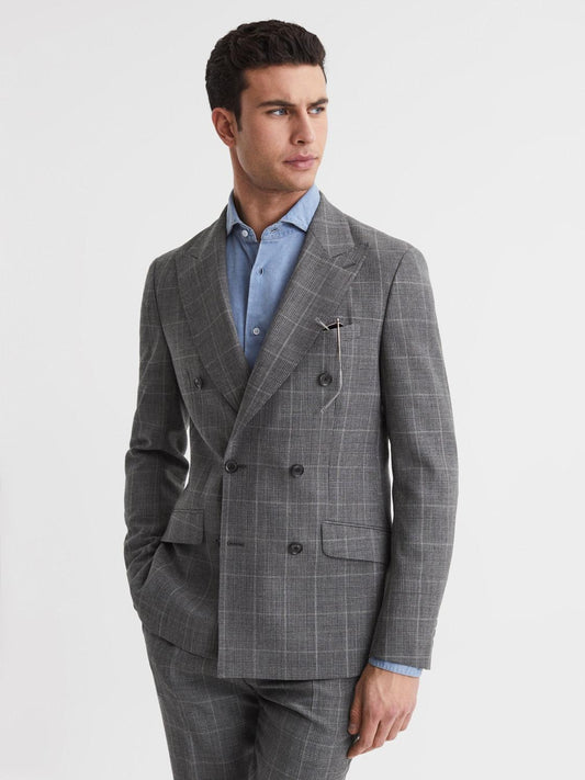 Reiss Suits &amp; Tailoring | Newbury Slim Fit Double Breasted Checked Blazer Grey - Men