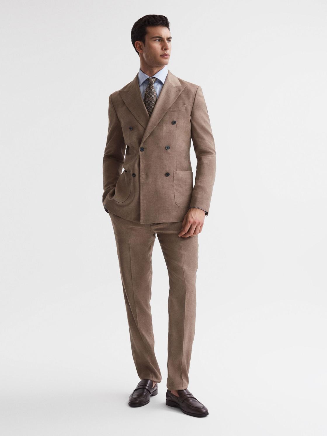 Reiss Suits &amp; Tailoring | Paddock Slim Fit Double Breasted Twill Blazer Tobacco - Men