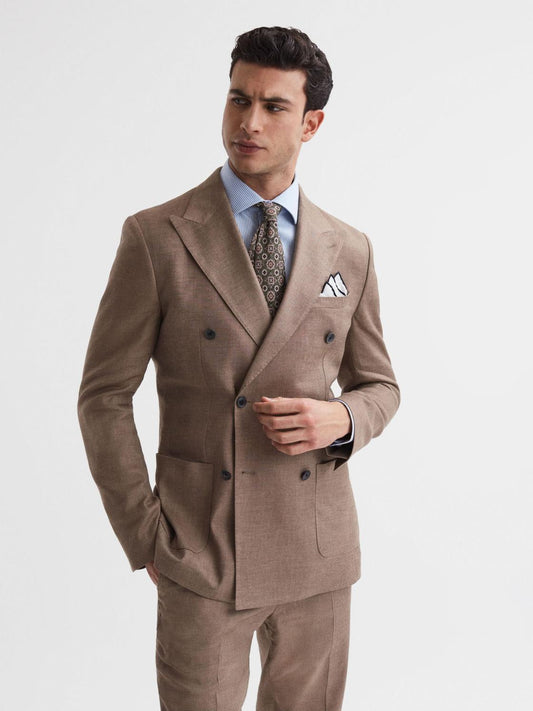Reiss Suits &amp; Tailoring | Paddock Slim Fit Double Breasted Twill Blazer Tobacco - Men