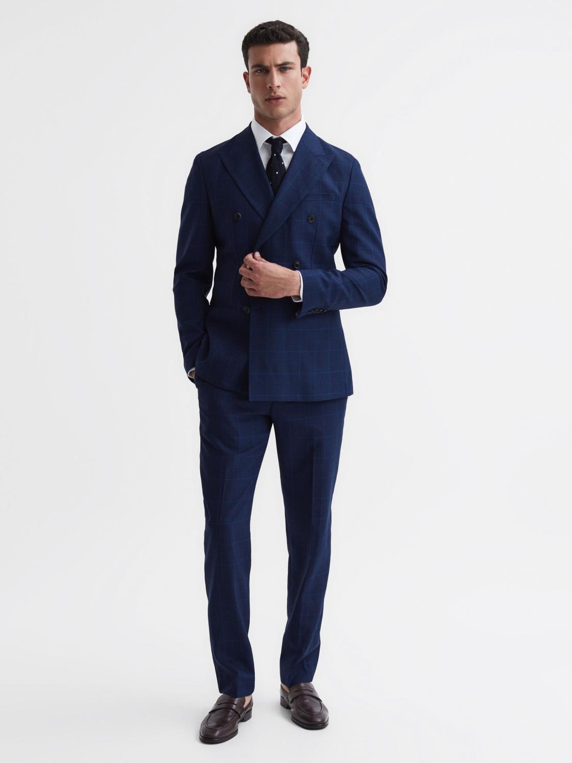 Reiss Suits &amp; Tailoring | Royce Slim Fit Wool Double Breasted Check Blazer Navy - Men