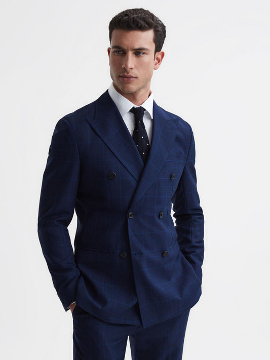 Reiss Suits &amp; Tailoring | Royce Slim Fit Wool Double Breasted Check Blazer Navy - Men