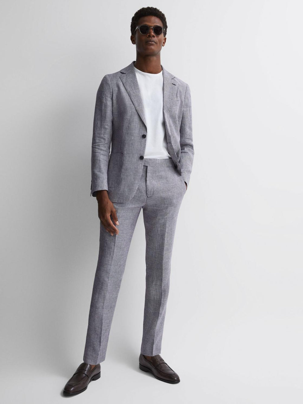 Reiss Suits &amp; Tailoring | Squad Linen Dogtooth Adjuster Trousers Navy - Men