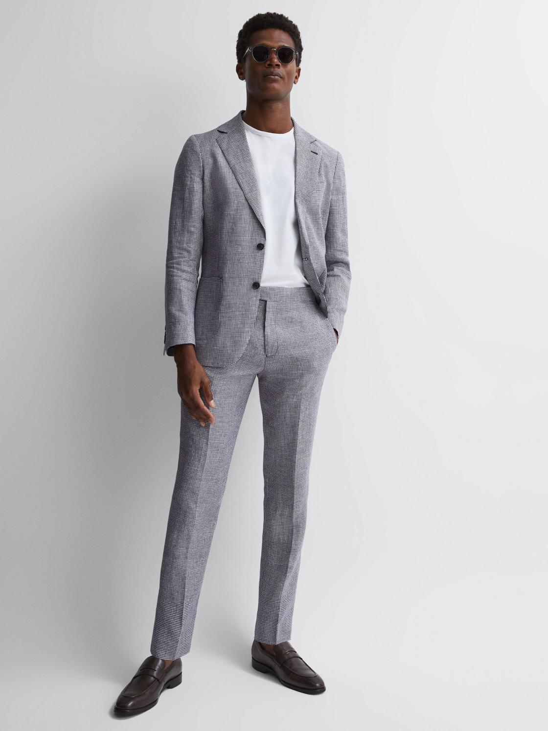 Reiss Suits &amp; Tailoring | Squad Linen Dogtooth Adjuster Trousers Navy - Men
