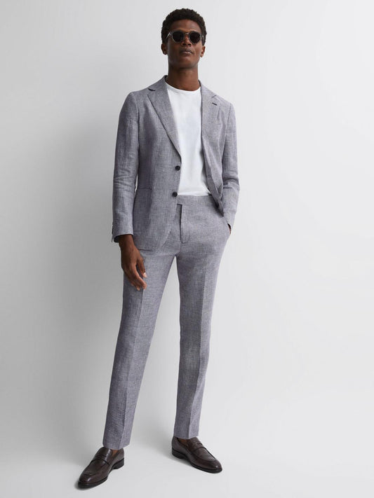 Reiss Suits &amp; Tailoring | Squad Linen Dogtooth Adjuster Trousers Navy - Men